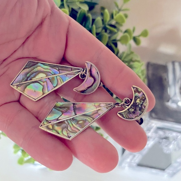 Beautiful Hecho en Mexico Sterling Silver abalone Shell Screw earrings 2.25” - Picture 3 of 7